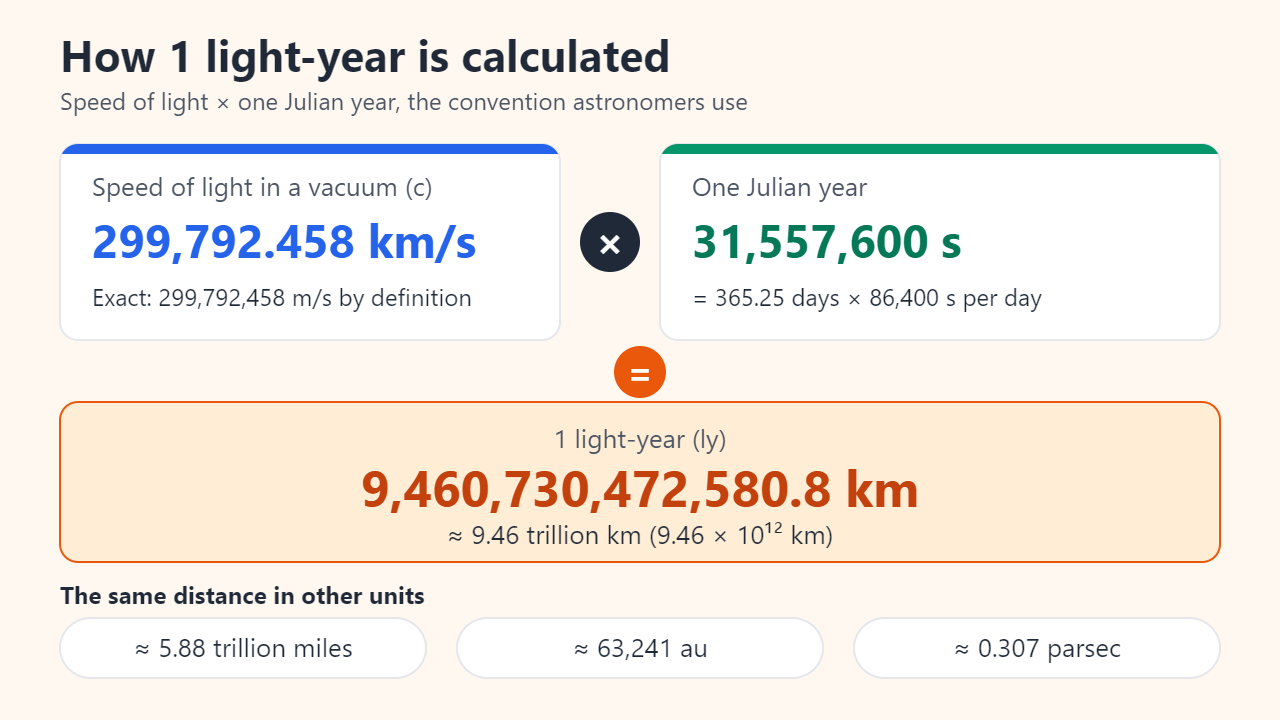 Calculation card: 299,792.458 km/s multiplied by 31,557,600 seconds equals 9,460,730,472,580.8 km, about 9.46 trillion km, 5.88 trillion miles, 63,241 au or 0.307 parsec