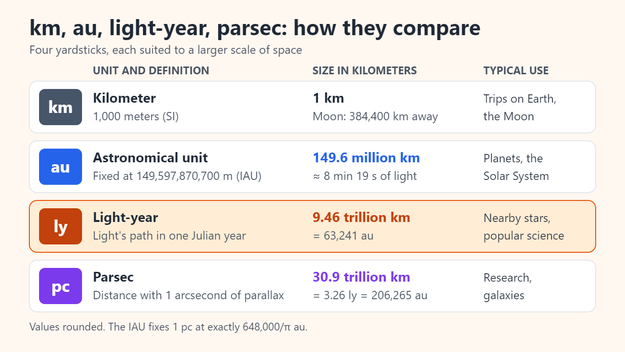 Comparison of four distance units: kilometer, astronomical unit of 149.6 million km, light-year of 9.46 trillion km and parsec of 30.9 trillion km, with typical uses