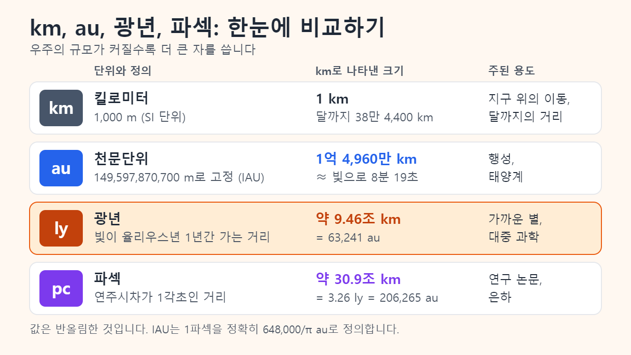 네 가지 거리 단위 비교: 킬로미터, 1억 4,960만 km의 천문단위, 9.46조 km의 광년, 30.9조 km의 파섹과 각각의 대표적인 쓰임새