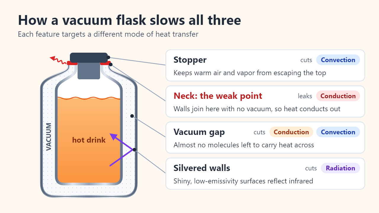Cutaway of a vacuum flask with labels: the near-vacuum gap between double walls cuts conduction and convection, silvered walls reflect infrared radiation, the stopper cuts convection and evaporation, and the neck where the walls join is the main heat leak