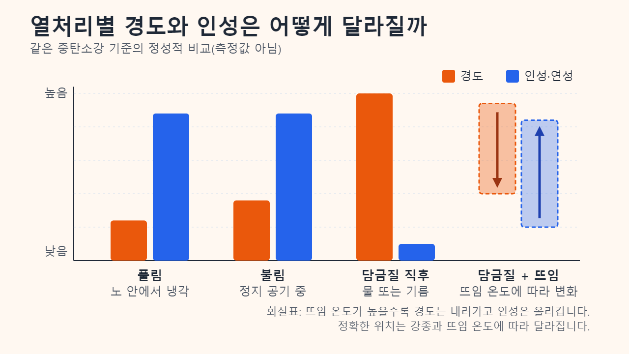 경도와 인성을 정성적으로 비교한 막대그래프: 풀림·불림한 강은 경도가 낮고 인성이 높으며, 담금질 직후의 강은 경도가 가장 높고 인성이 가장 낮고, 담금질 후 뜨임한 강은 뜨임 온도에 따라 달라지는 범위로 표시했습니다.