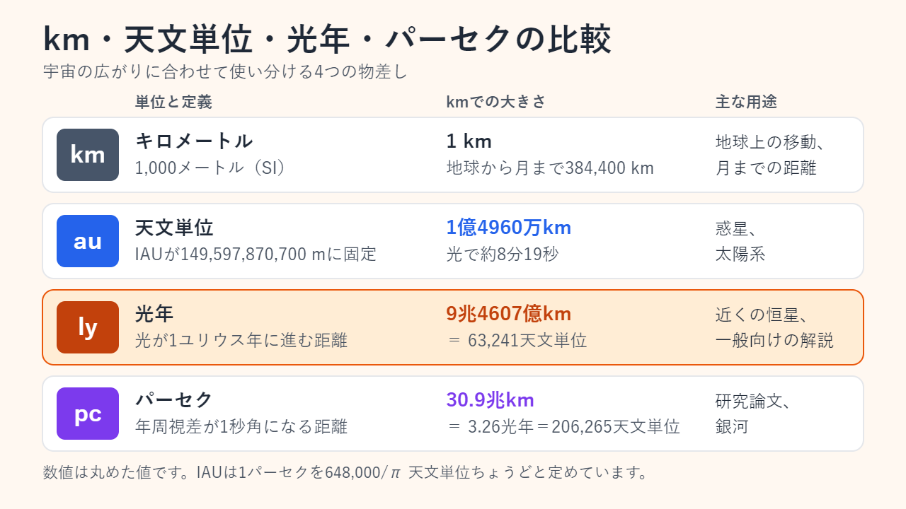 4つの距離単位の比較：キロメートル、1億4960万kmの天文単位、9兆4607億kmの光年、30.9兆kmのパーセクと、それぞれの主な用途