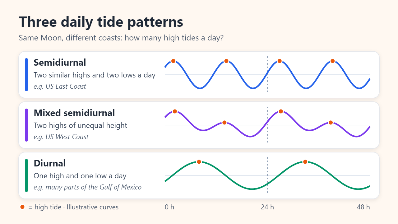 Three illustrative 48-hour tide curves: semidiurnal with two equal highs a day (US East Coast), mixed semidiurnal with two unequal highs (US West Coast), and diurnal with one high a day (many parts of the Gulf of Mexico)