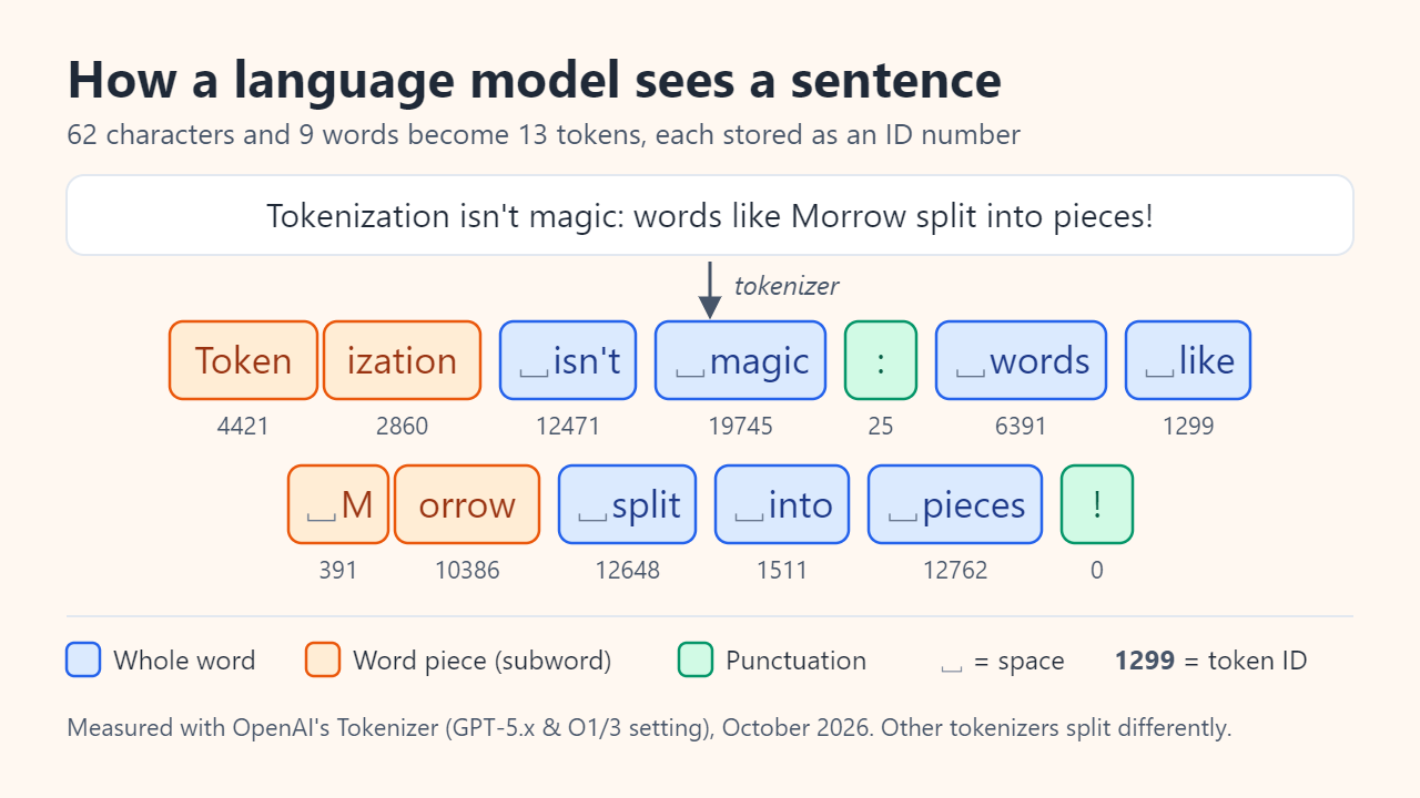 The sentence “Tokenization isn't magic: words like Morrow split into pieces!” split by OpenAI's current tokenizer into 13 color-coded tokens with their ID numbers: Token, ization, isn't, magic, colon, words, like, M, orrow, split, into, pieces, exclamation mark.