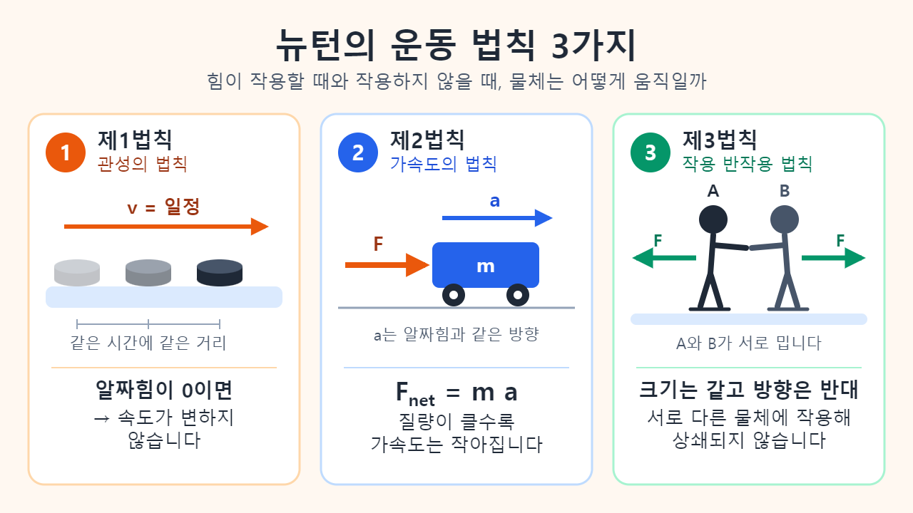 세 칸으로 나눈 그림: 알짜힘 없이 일정한 속도로 미끄러지는 하키 퍽, 알짜힘 방향으로 가속하는 수레, 크기가 같고 방향이 반대인 힘으로 서로 밀어내는 두 스케이터