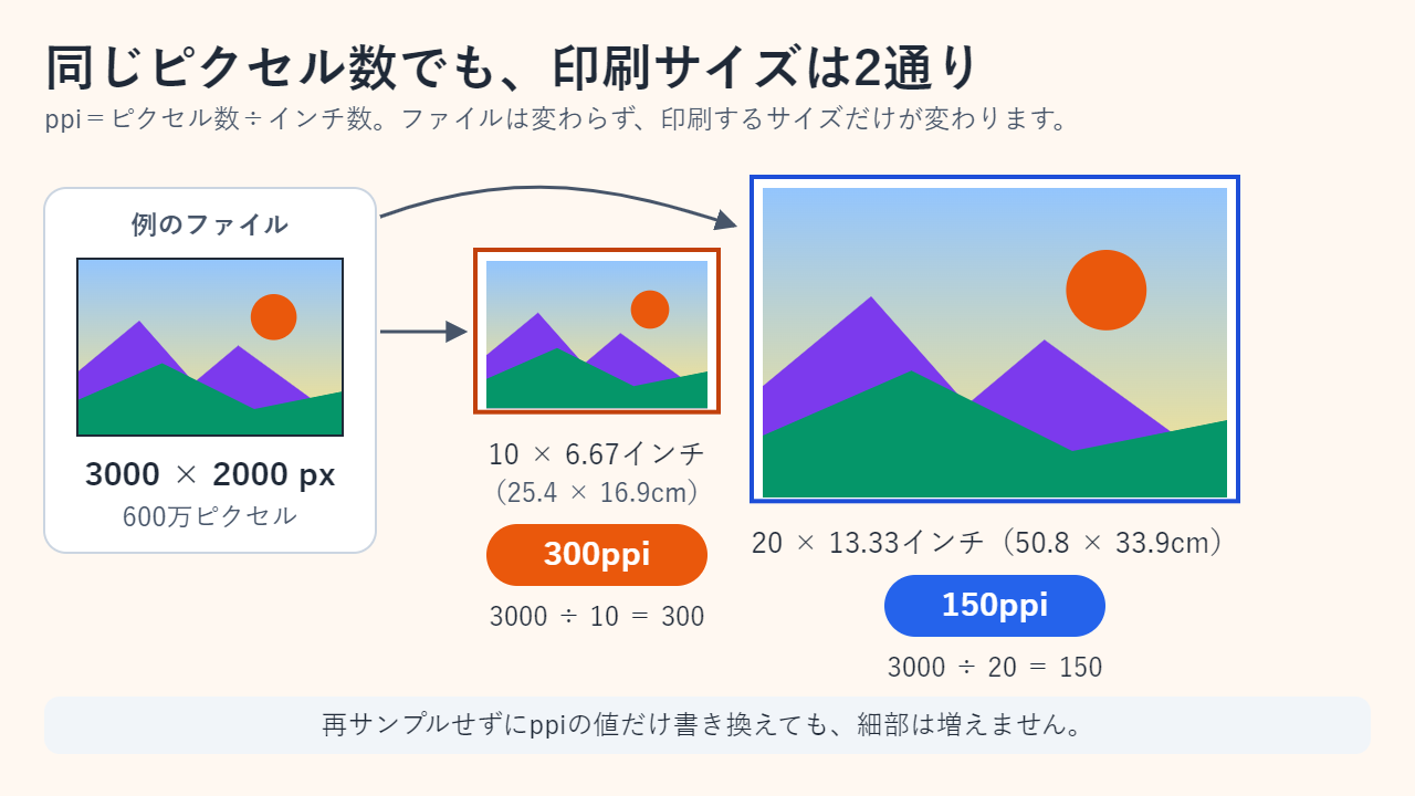 同じ3000×2000ピクセルの画像を10×6.67インチで印刷すると300ppi、20×13.33インチで印刷すると150ppiになることを示す図