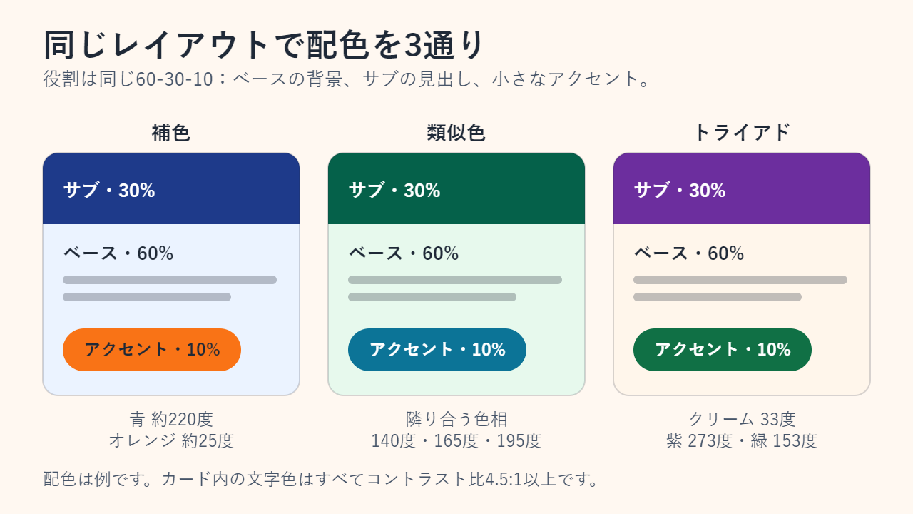 同じカードレイアウトを3つの配色で表した図。補色は紺と淡い青にオレンジのボタン、類似色は緑とティール、トライアドはクリーム・紫・緑で、どれもベース60%の背景、サブ30%の見出し、アクセント10%のボタン