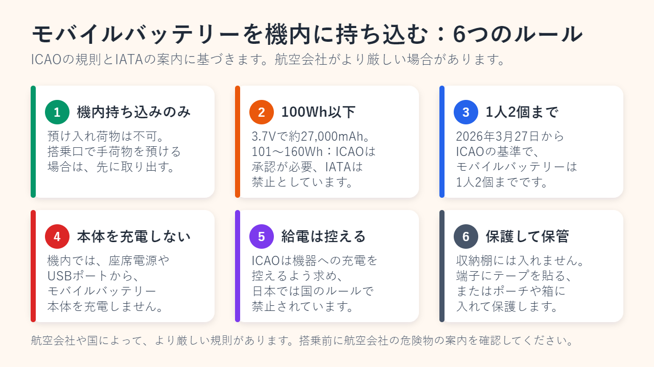 6枚のルールカード。機内持ち込みのみ、100Wh以下、2026年3月27日から1人2個まで、機内で本体を充電しない、機器への給電は控える（日本では国のルールで禁止）、保護して保管し収納棚には入れない