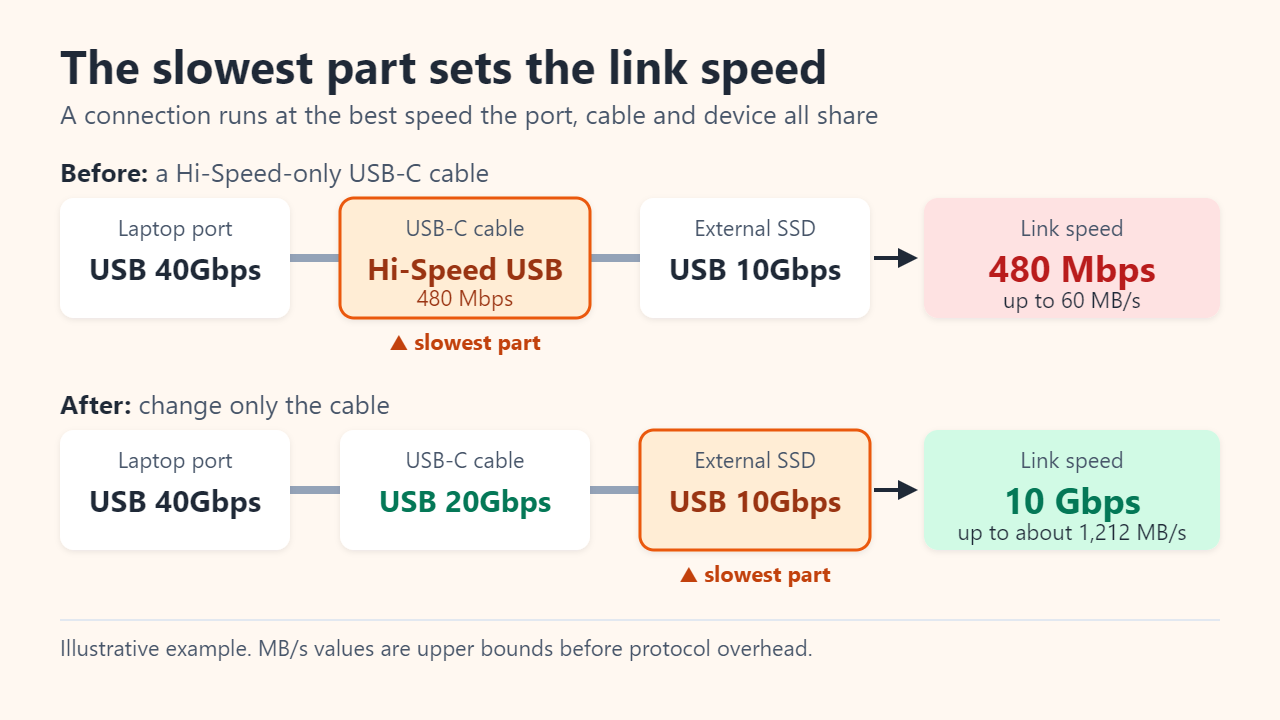 Illustrative example: a USB 40Gbps laptop port, a Hi-Speed USB cable and a USB 10Gbps SSD give a 480 Mbps link; replacing only the cable with one rated USB 20Gbps raises the link to 10 Gbps.