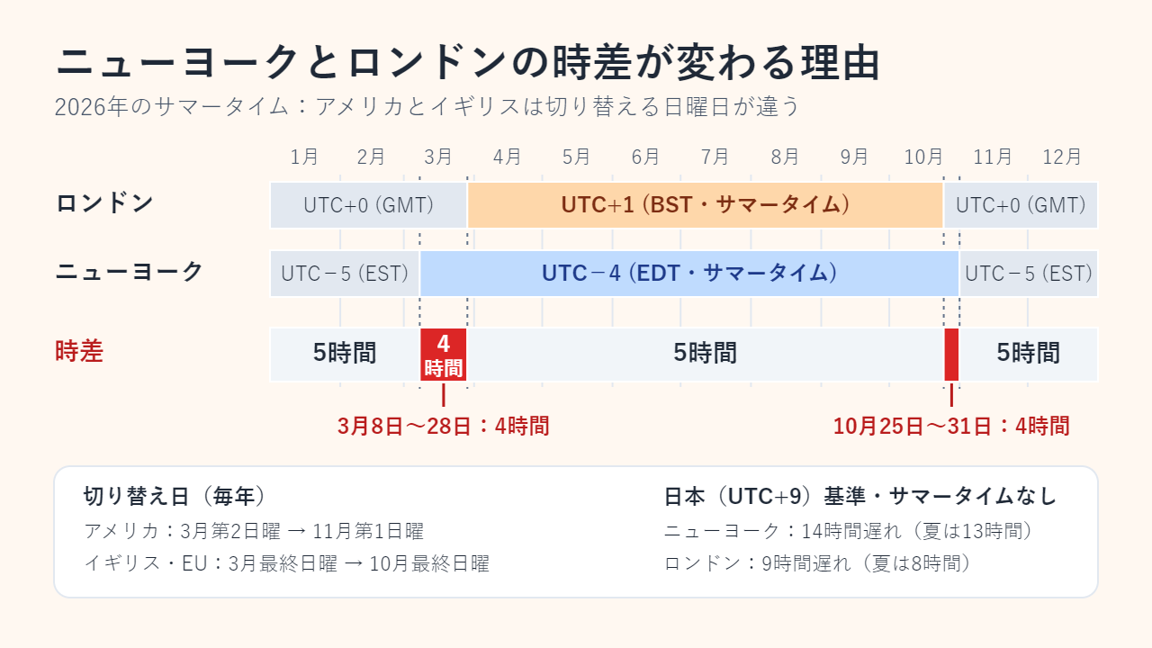 2026年のタイムライン：ロンドンはUTC+0で、3月29日から10月25日までUTC+1。ニューヨークはUTC−5で、3月8日から11月1日までUTC−4。時差は5時間だが、3月8日〜28日と10月25日〜31日だけ4時間になる