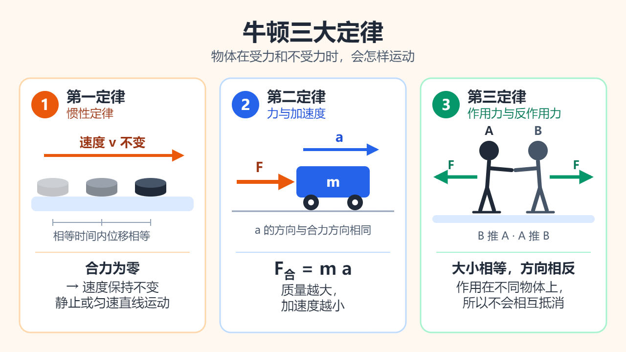 三栏示意图：冰球在合力为零时匀速滑行；小车沿合力方向加速；两名滑冰者互相推开，受到大小相等、方向相反的力