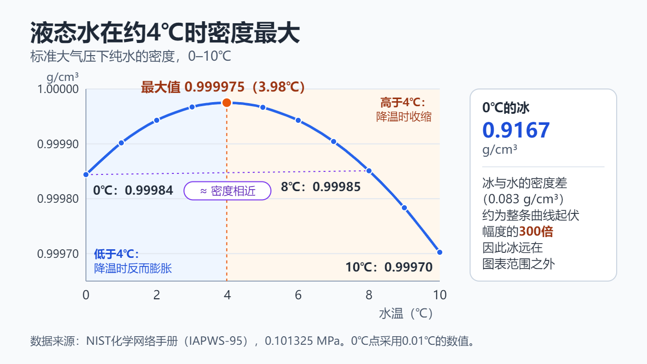 0至10℃纯水密度折线图：0℃时为0.99984 g/cm³，3.98℃时达到最大值0.999975 g/cm³，8℃时为0.99985，10℃时为0.99970；0℃的冰为0.9167 g/cm³