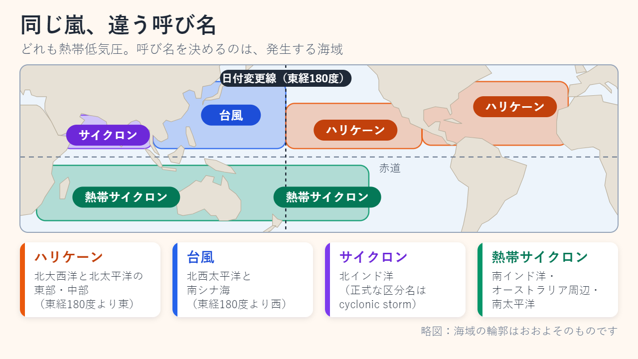熱帯低気圧の発生海域を示した世界の略図。北大西洋と北太平洋の東部・中部はハリケーン、日付変更線より西の北西太平洋は台風、北インド洋はサイクロン、南インド洋・オーストラリア周辺・南太平洋は熱帯サイクロン
