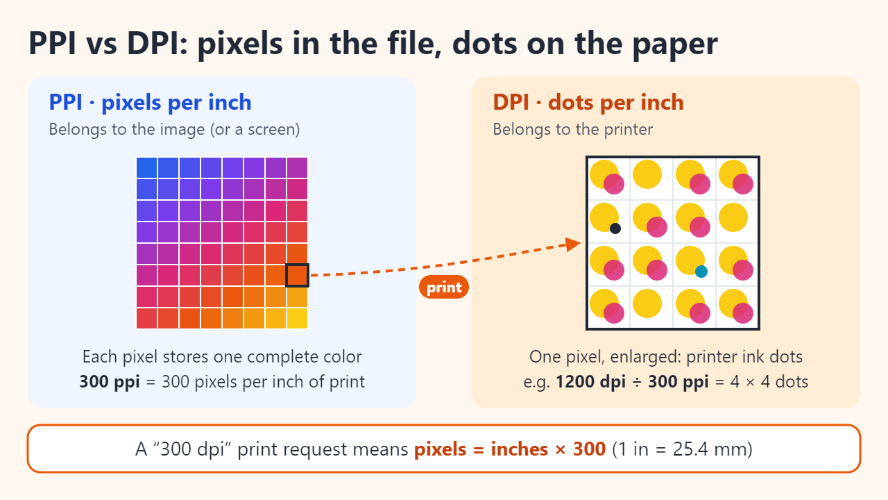 Diagram comparing PPI, a grid of image pixels that each hold one color, with DPI, the grid of tiny cyan, magenta, yellow and black ink dots a printer uses to rebuild one pixel