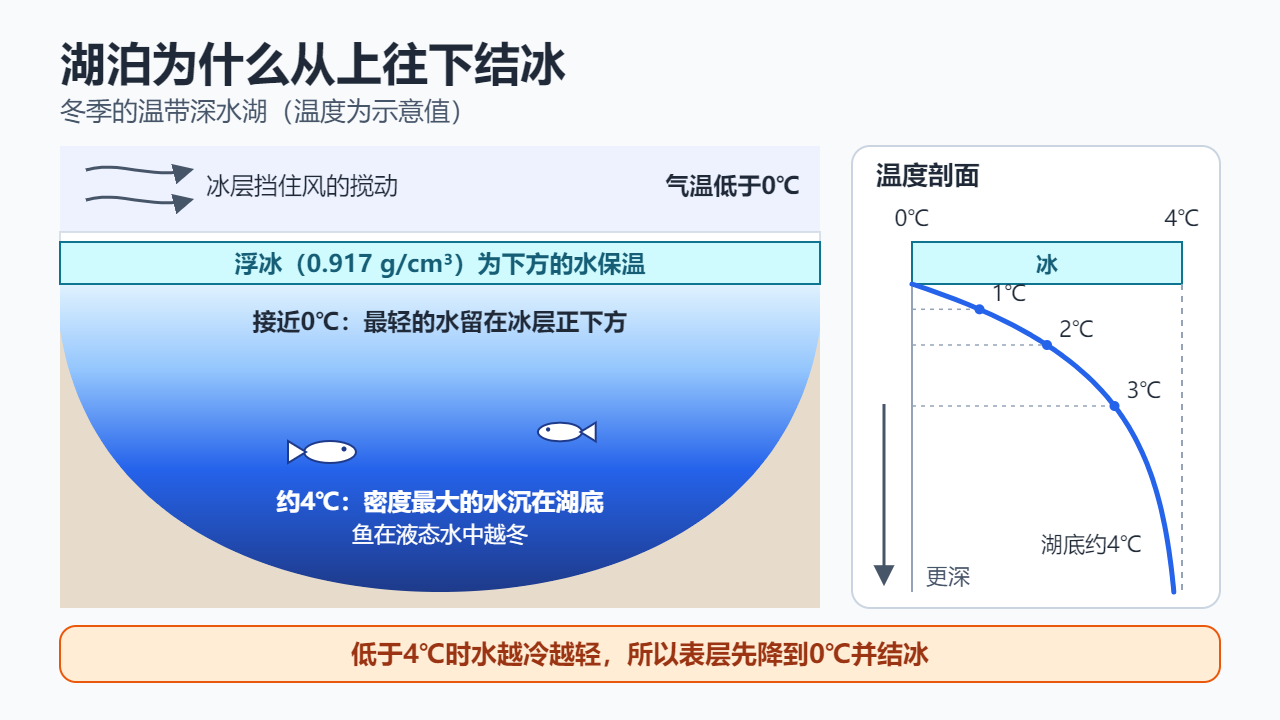 冬季深水湖剖面图：顶部是浮冰，冰层正下方的水接近0℃，湖底被约4℃的水填满，右侧是温度随深度从0℃升到约4℃的示意曲线