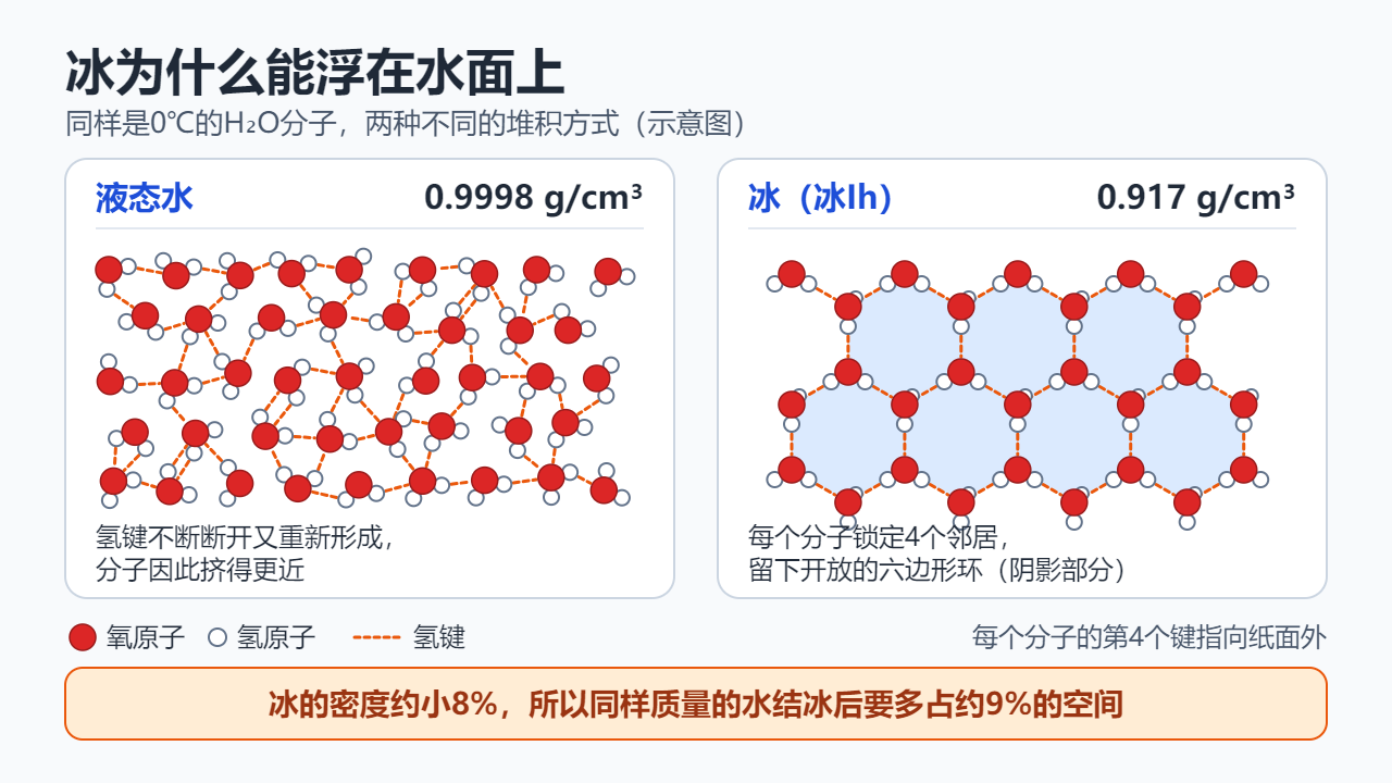 示意图：左侧是液态水，水分子杂乱地挤在一起，氢键不断断开重组（0.9998 g/cm³）；右侧是冰Ih，每个分子与四个邻居相连，围成开放的六边形环（0.917 g/cm³）