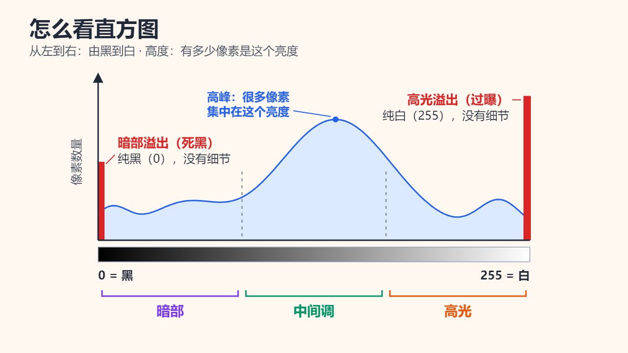 带标注的亮度直方图：横轴从 0（纯黑）到 255（纯白），分为暗部、中间调和高光三段；纵轴是像素数量；左右两端的红色“墙”分别表示暗部溢出和高光溢出。