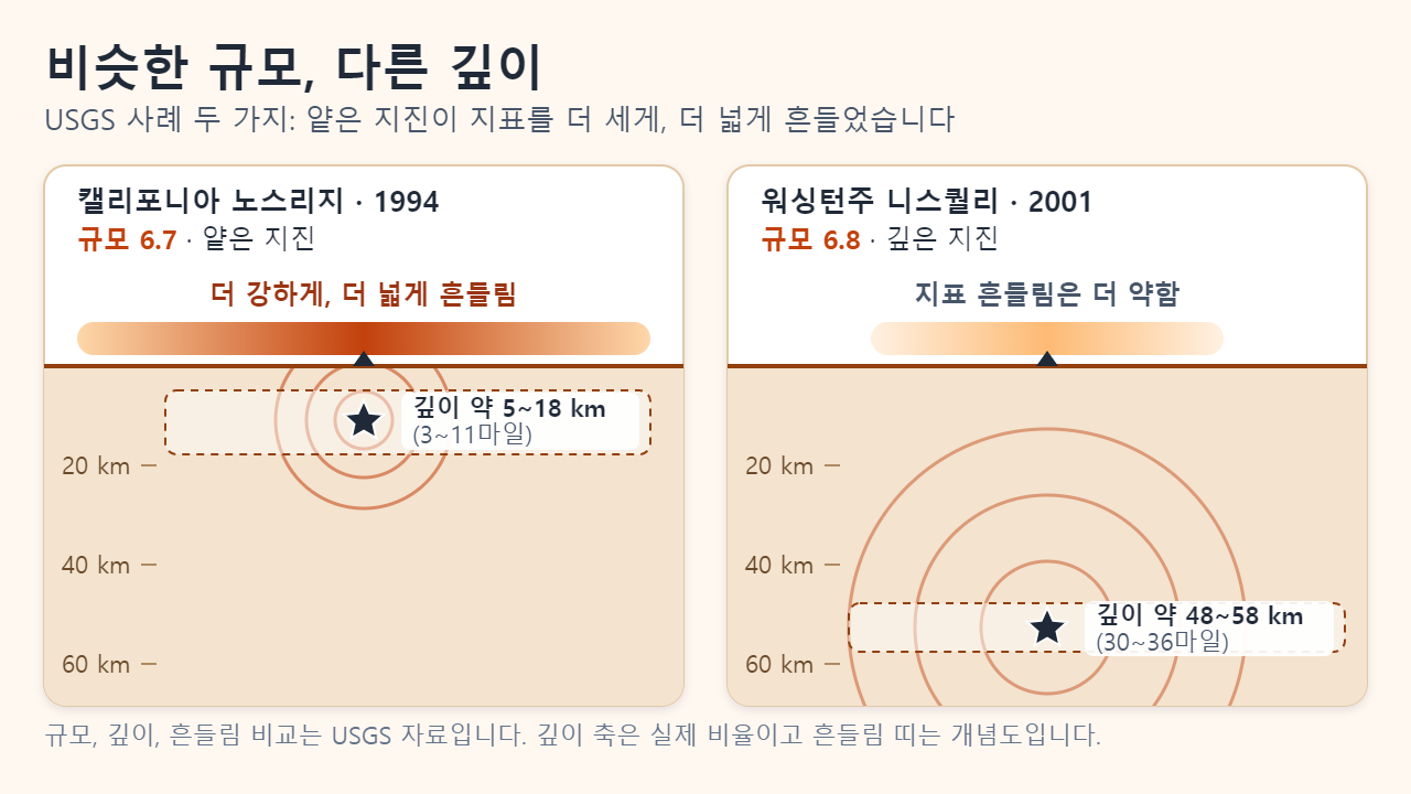 진원이 얕은 규모 6.7 노스리지 지진(깊이 3~11마일)과 진원이 깊은 규모 6.8 니스퀄리 지진(깊이 30~36마일)의 단면을 나란히 비교한 그림