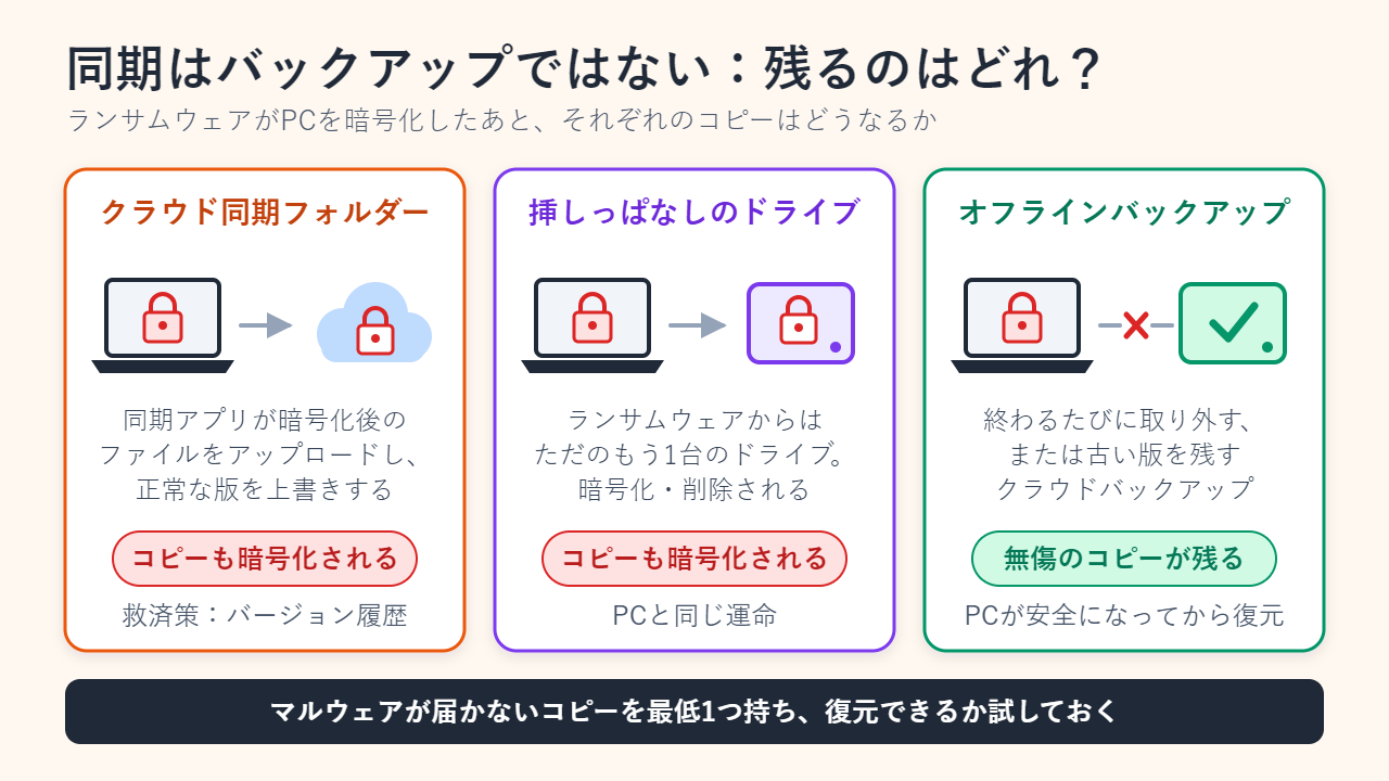 同期されたクラウドフォルダー、挿しっぱなしのバックアップドライブ、オフラインバックアップの3つについて、ランサムウェアがPCを暗号化したときの結果を比べたカード。無事なコピーが残るのはオフラインバックアップだけ