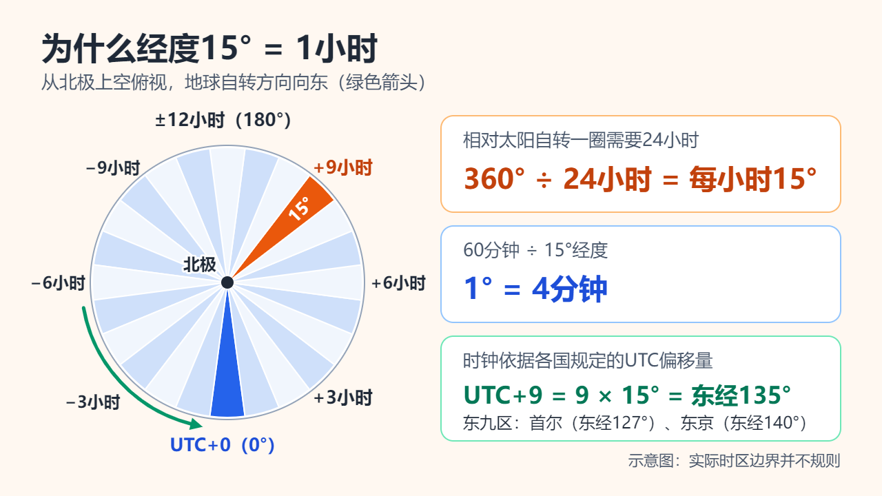 示意图：从北极上空俯视的地球被分成24个15°的扇形，分别标注从−12到+12小时的UTC偏移量，旁边列出公式：360° ÷ 24小时 = 每小时15°，1° = 4分钟，UTC+9 = 9 × 15° = 东经135°