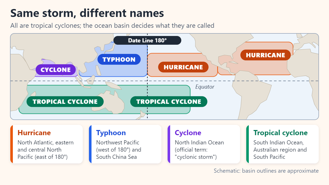 Schematic world map of tropical cyclone basins: hurricane in the North Atlantic and the eastern and central North Pacific, typhoon in the northwest Pacific west of the International Date Line, cyclone in the North Indian Ocean, and tropical cyclone across the South Indian Ocean and South Pacific