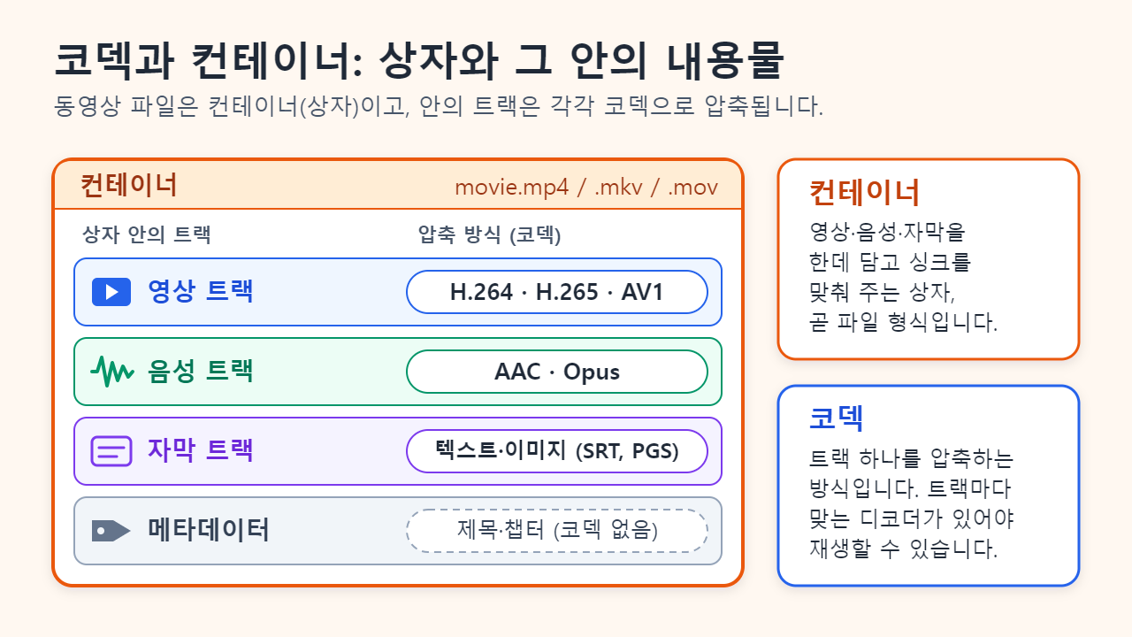 동영상 파일을 컨테이너 상자(.mp4, .mkv, .mov)로 그린 도식. 상자 안에 H.264, H.265, AV1으로 압축한 영상 트랙, AAC나 Opus로 압축한 음성 트랙, 텍스트 또는 이미지 자막 트랙, 그리고 코덱이 필요 없는 제목·챕터 같은 메타데이터가 들어 있다