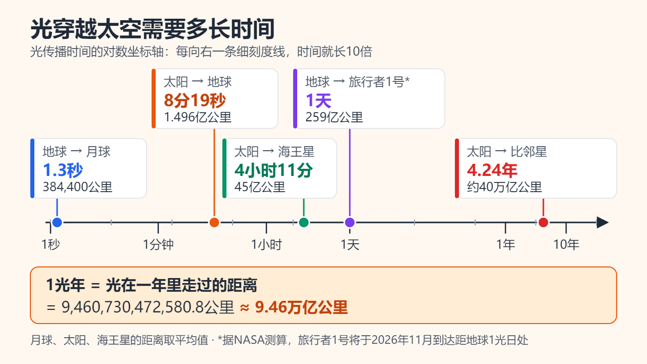 光传播时间的对数时间轴：地球到月球1.3秒，太阳到地球8分19秒，太阳到海王星4小时11分，地球到旅行者1号1天，太阳到比邻星4.24年