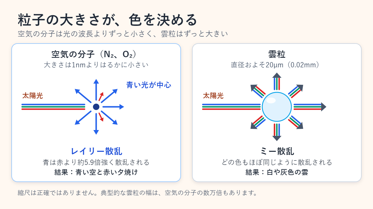比較図：小さな空気の分子は主に青い光を散乱し（レイリー散乱、青い空）、直径約20マイクロメートルの雲粒はどの色もほぼ同じように散乱する（ミー散乱、白い雲）