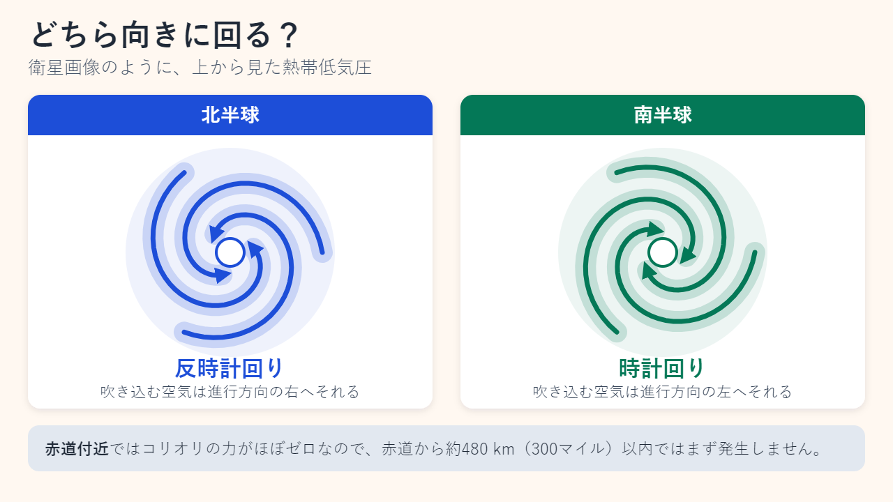 上から見た二つの嵐の図。北半球の熱帯低気圧は反時計回り、南半球のものは時計回りに回る。コリオリの力がほぼゼロになる赤道から約480 km以内ではほとんど発生しないという注記つき