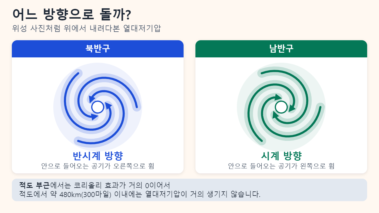 위에서 내려다본 두 폭풍 그림: 북반구 열대저기압은 반시계 방향, 남반구 열대저기압은 시계 방향으로 회전하며, 코리올리 효과가 거의 0인 적도 부근 약 480km 안에서는 폭풍이 드물다는 설명