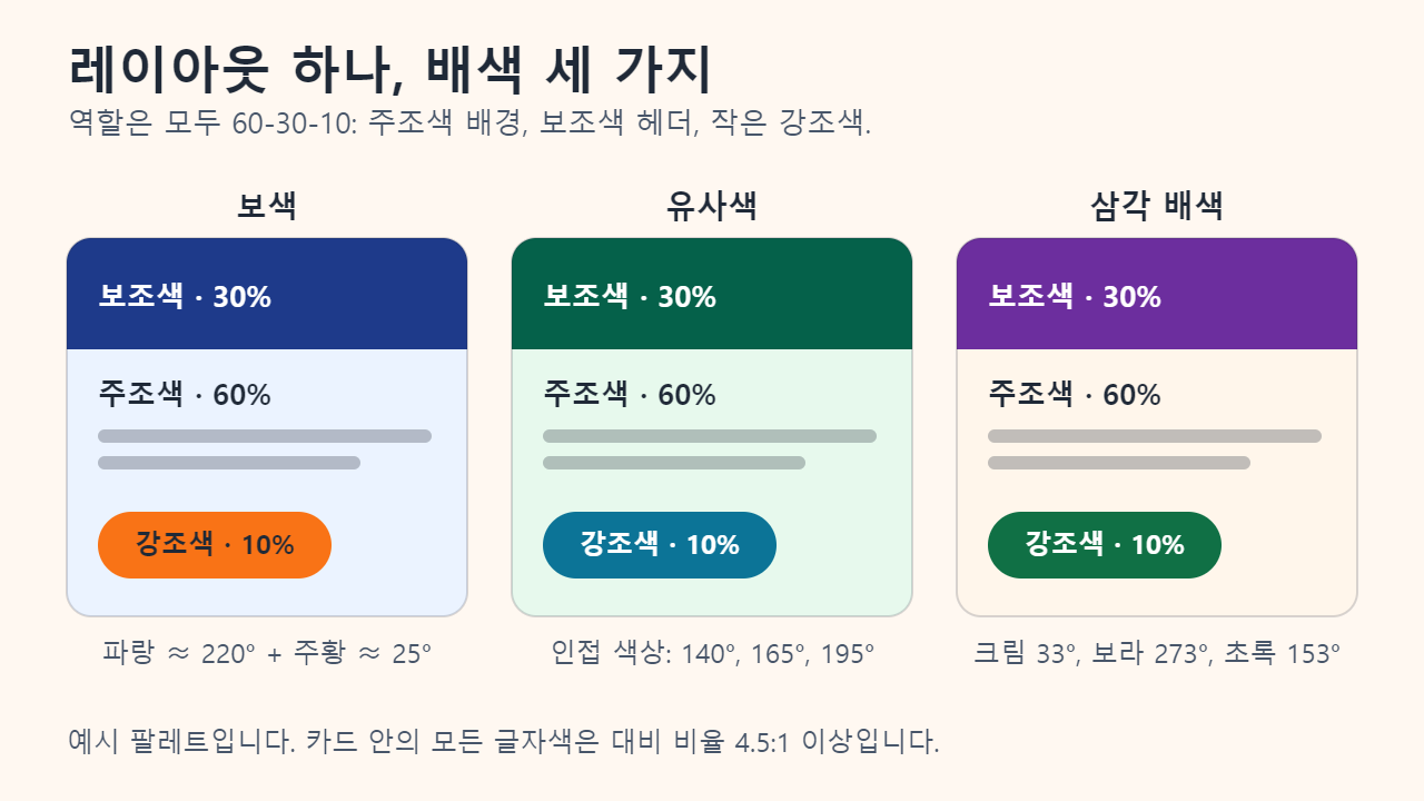 같은 카드 레이아웃에 예시 팔레트 세 가지를 적용한 그림: 보색(남색과 연한 파랑, 주황 버튼), 유사색(초록과 청록), 삼각 배색(크림, 보라, 초록). 모두 60% 배경, 30% 헤더, 10% 버튼으로 구성된다