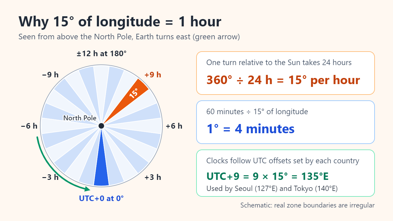 Diagram: Earth seen from above the North Pole, divided into 24 slices of 15 degrees labeled with UTC offsets from −12 to +12 hours, beside the formulas 360° ÷ 24 h = 15° per hour, 1° = 4 minutes and UTC+9 = 9 × 15° = 135°E