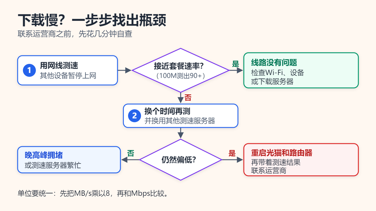 流程图：先做有线测速；接近套餐速率说明线路正常；否则换时间、换服务器重测；仍然偏低就重启光猫和路由器并联系运营商