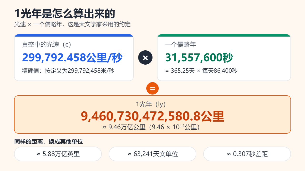 计算卡片：299,792.458公里/秒乘以31,557,600秒，等于9,460,730,472,580.8公里，约9.46万亿公里、5.88万亿英里、63,241天文单位或0.307秒差距