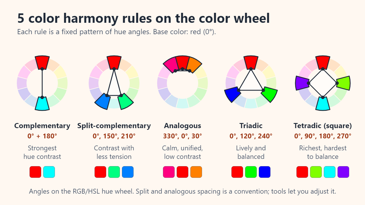 Five small hue wheels with red as the base: complementary 0° and 180°; split-complementary 0°, 150° and 210°; analogous 330°, 0° and 30°; triadic 0°, 120° and 240°; tetradic square 0°, 90°, 180° and 270°