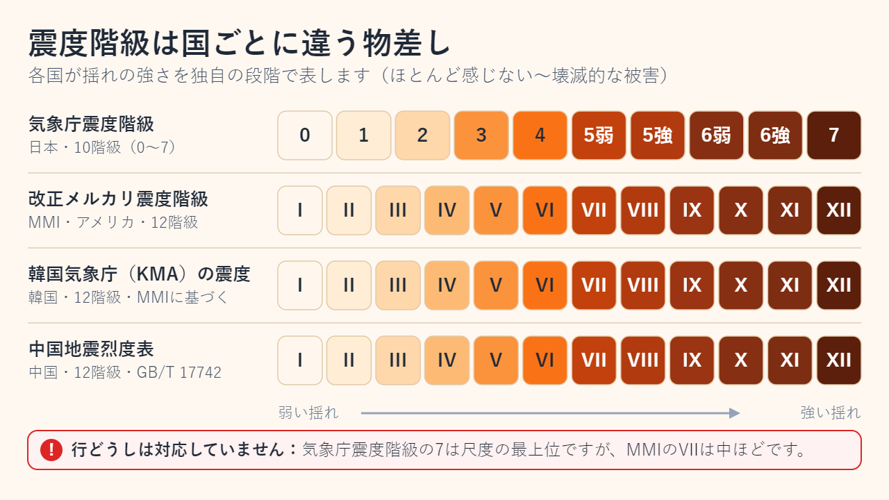 震度階級の4つの物差しを並べた図。気象庁は5弱・5強・6弱・6強を含む0から7までの10階級、MMI・韓国気象庁・中国はいずれもIからXIIの12階級
