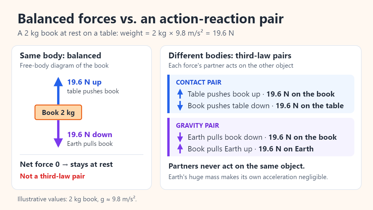 Free-body diagram of a 2 kg book with 19.6 N up from the table and 19.6 N down from Earth, balanced on the same body, next to the third-law partners: the book pushing the table down and the book pulling Earth up