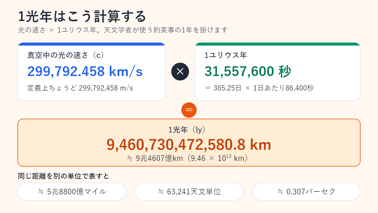 計算カード：秒速299,792.458km × 31,557,600秒 ＝ 9,460,730,472,580.8km。約9兆4607億km、約5兆8800億マイル、約63,241天文単位、約0.307パーセクに相当