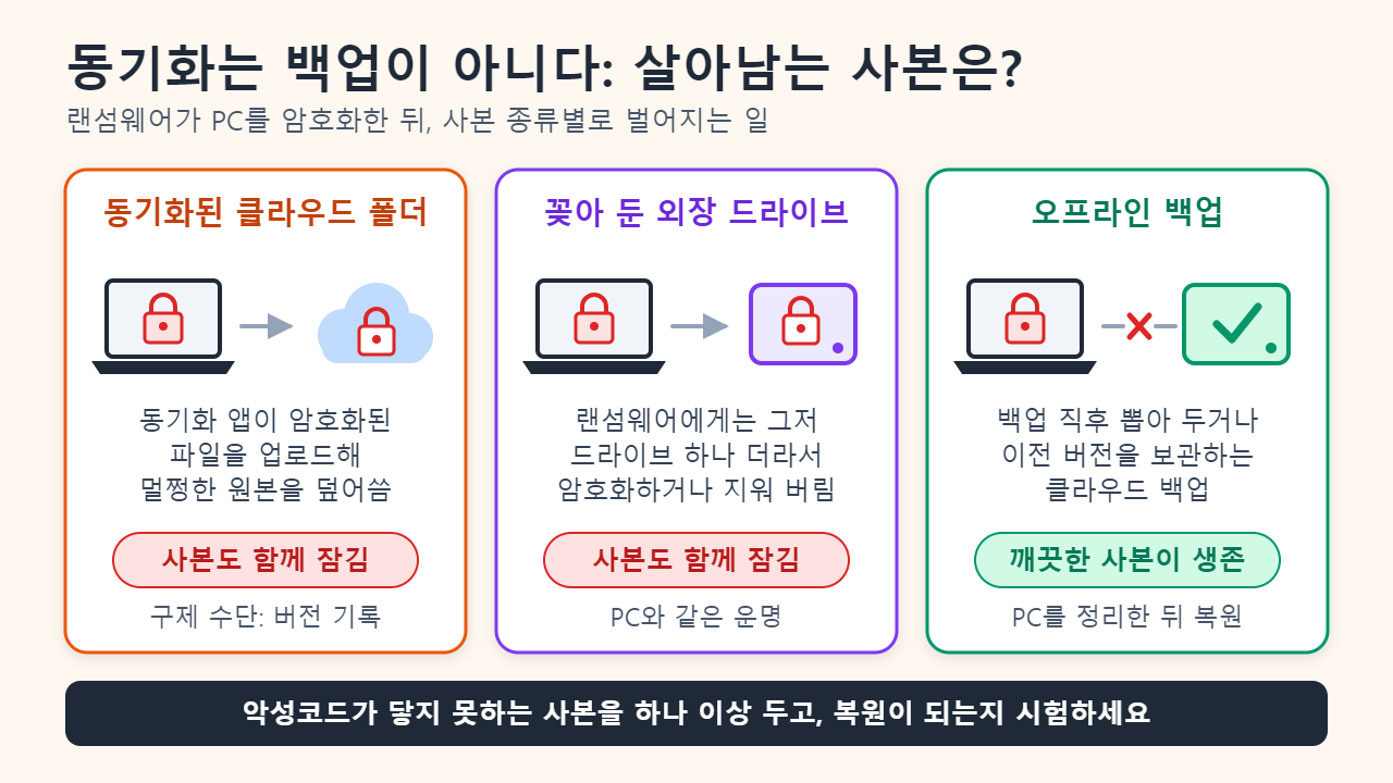 랜섬웨어가 PC를 암호화했을 때 동기화된 클라우드 폴더, 꽂아 둔 백업 드라이브, 오프라인 백업에 각각 어떤 일이 생기는지 비교한 카드 세 장: 오프라인 백업만 깨끗한 사본을 지킴