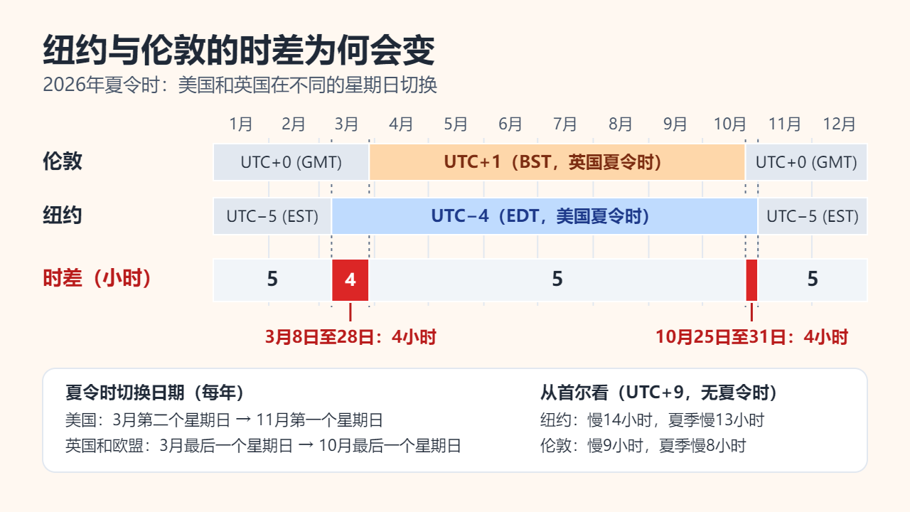 2026年时间轴：伦敦3月29日至10月25日为UTC+1，其余时间为UTC+0；纽约3月8日至11月1日为UTC−4，其余时间为UTC−5；两地时差为5小时，只有3月8日至28日和10月25日至31日缩小为4小时