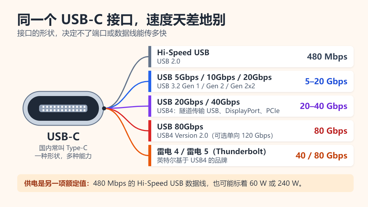 示意图：一个USB-C接口连出五种可能：480 Mbps的Hi-Speed USB，5、10或20 Gbps的USB 3.2，20或40 Gbps的USB4，80 Gbps的USB4 Version 2.0，以及40或80 Gbps的雷电4或雷电5。数据线上60 W或240 W的供电额定值与数据速度无关。