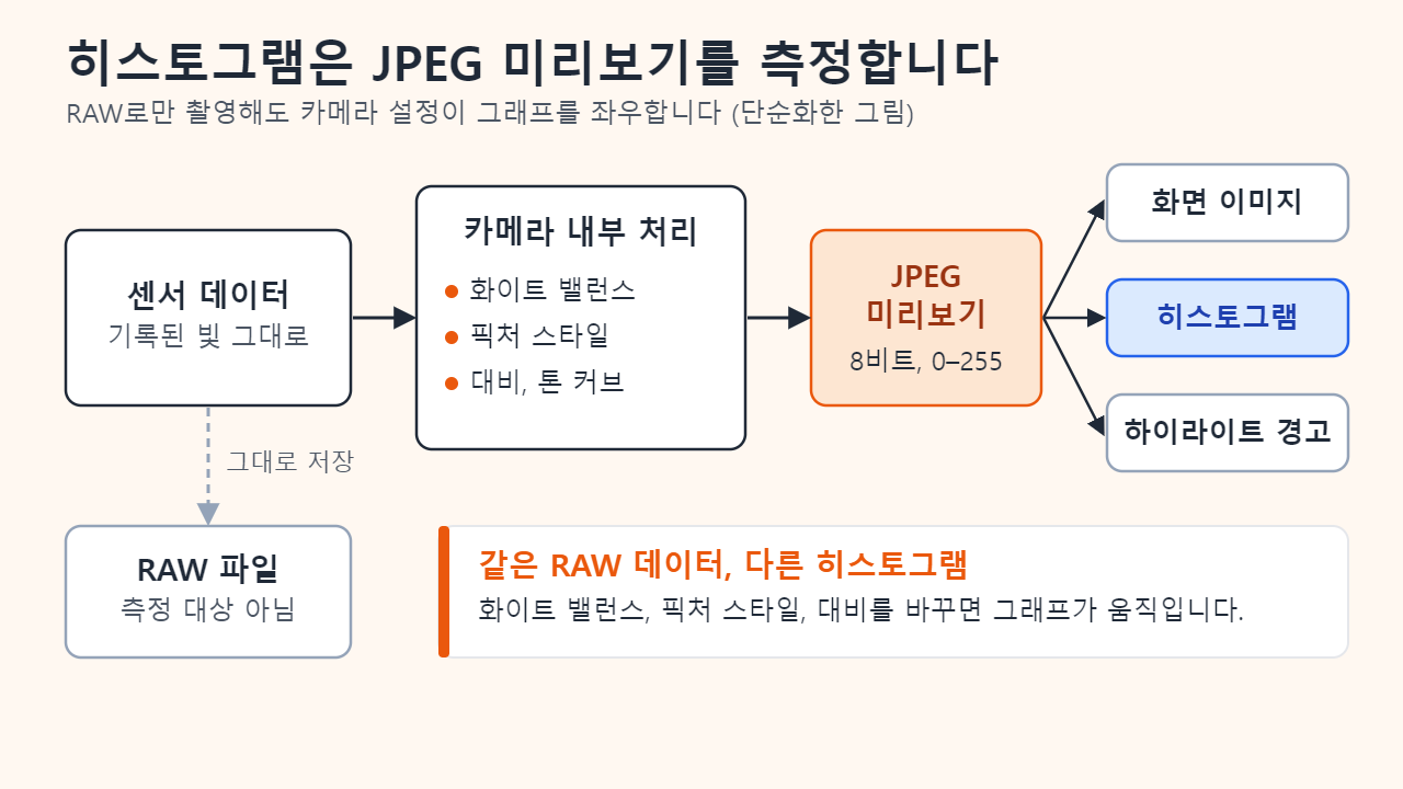 흐름도. 센서 데이터가 카메라 내부 처리(화이트 밸런스, 픽처 스타일, 대비와 톤 커브)를 거쳐 8비트 JPEG 미리보기가 되고, 이 미리보기가 화면 이미지, 히스토그램, 하이라이트 경고로 이어집니다. RAW 파일은 따로 저장되며 히스토그램이 측정하는 대상이 아닙니다.