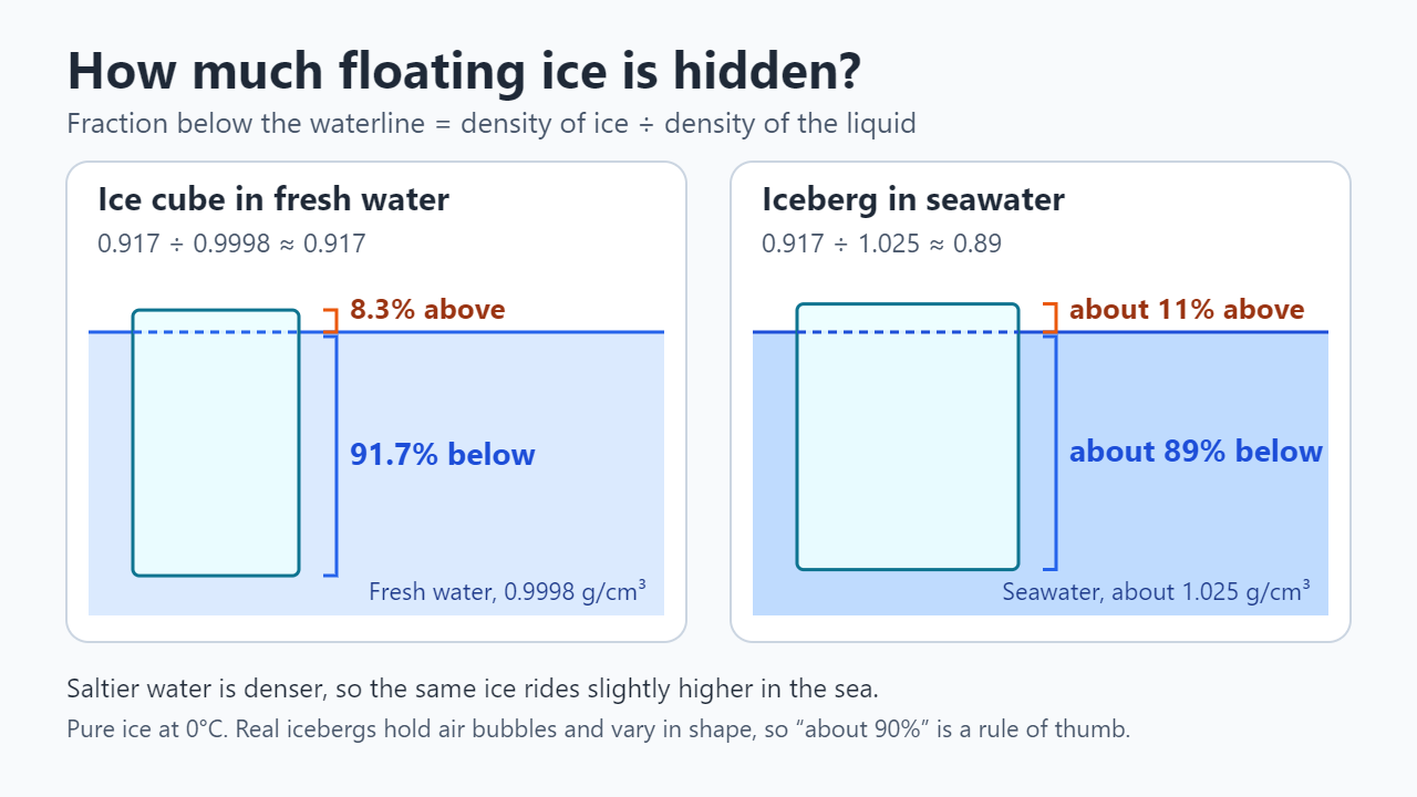 Diagram of floating ice: an ice cube in fresh water floats 91.7% below and 8.3% above the waterline; pure ice in seawater floats about 89% below and 11% above
