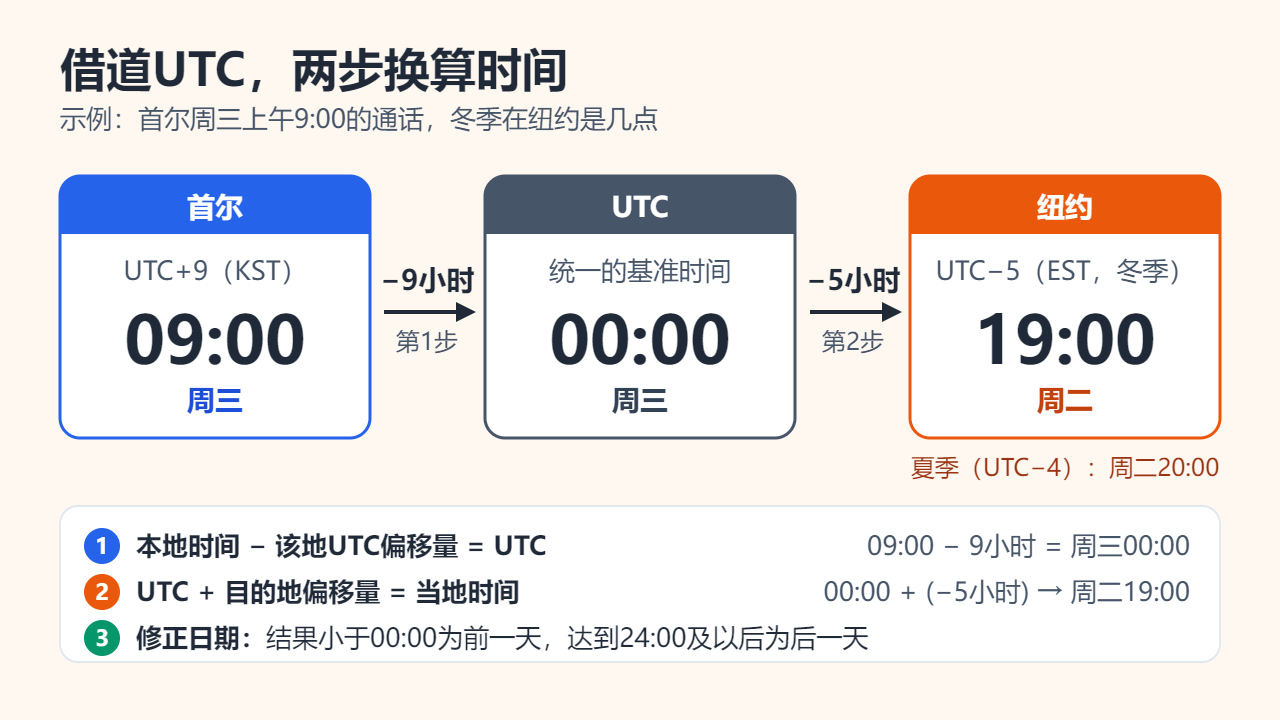 三张步骤卡片：首尔（UTC+9）周三09:00，减去9小时得到UTC周三00:00，再减去5小时得到纽约（UTC−5）周二19:00；夏季（UTC−4）则是周二20:00