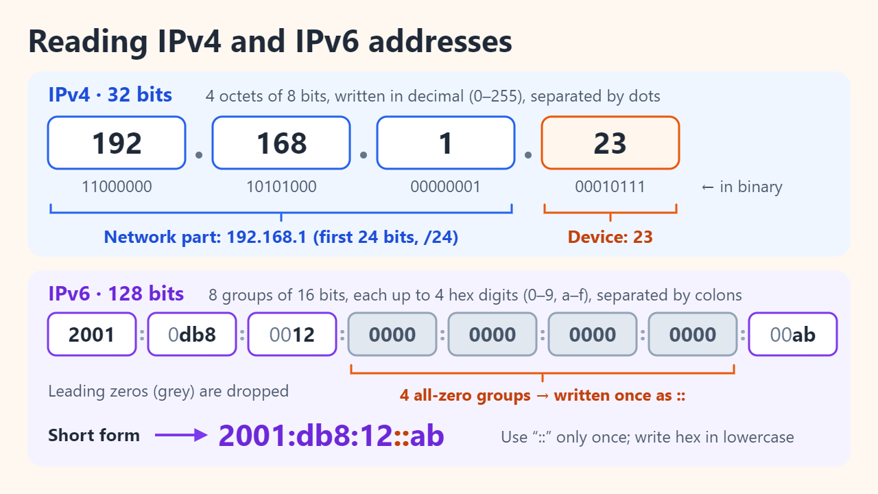 Anatomy of IP addresses: IPv4 192.168.1.23 as four 8-bit octets with their binary values, the first 24 bits marked as the network part; IPv6 2001:0db8:0012:0000:0000:0000:0000:00ab as eight 16-bit hex groups, shortened to 2001:db8:12::ab