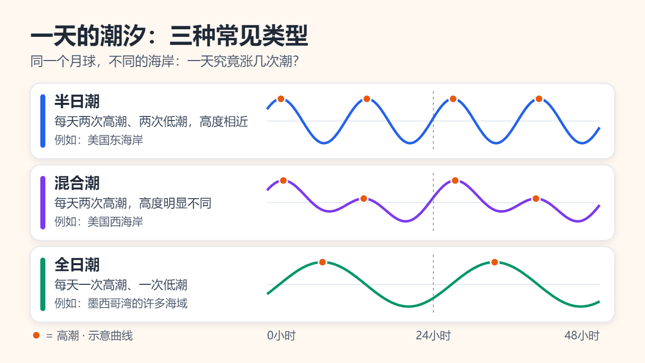三条示例性的48小时潮位曲线：半日潮每天两次高度相近的高潮（美国东海岸），混合潮每天两次高度不等的高潮（美国西海岸），全日潮每天一次高潮（墨西哥湾的许多海域）