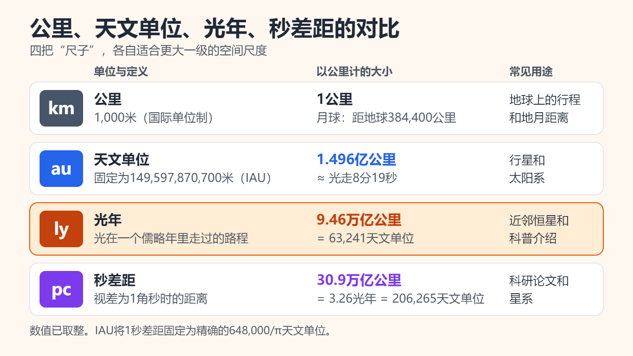 四种距离单位的对比：公里、1.496亿公里的天文单位、9.46万亿公里的光年和30.9万亿公里的秒差距，并标注各自的常见用途