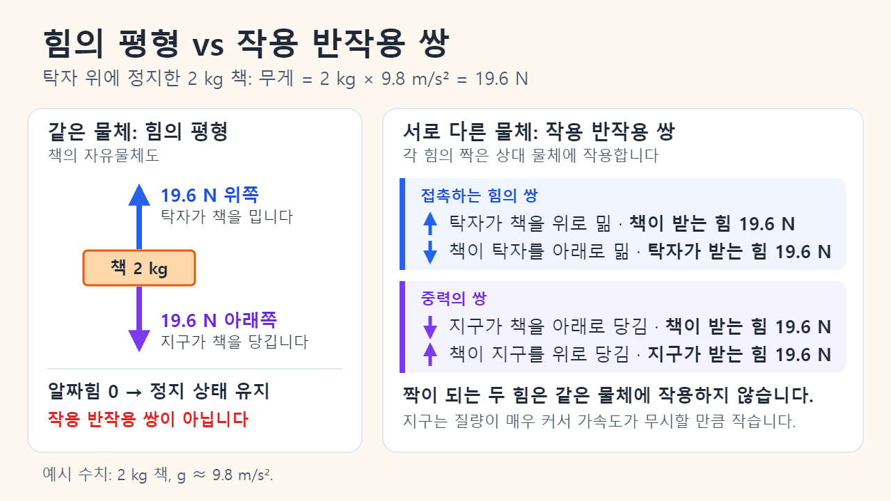 2 kg 책의 자유물체도: 탁자가 위로 미는 19.6 N과 지구가 아래로 당기는 19.6 N이 같은 물체에서 평형을 이루고, 작용 반작용 짝은 책이 탁자를 아래로 미는 힘과 책이 지구를 위로 당기는 힘