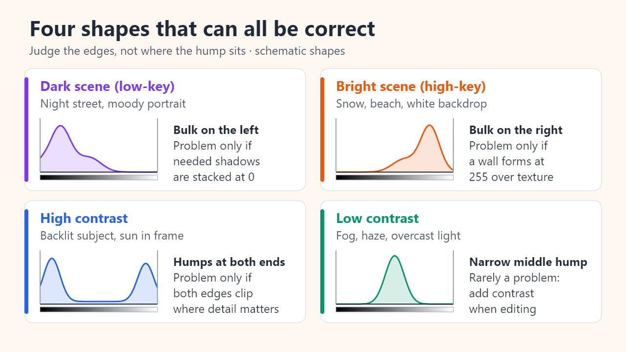 Four small histograms: a dark low-key scene with the bulk on the left, a bright high-key scene with the bulk on the right, a high-contrast scene with humps at both ends, and a low-contrast foggy scene with a narrow hump in the middle.