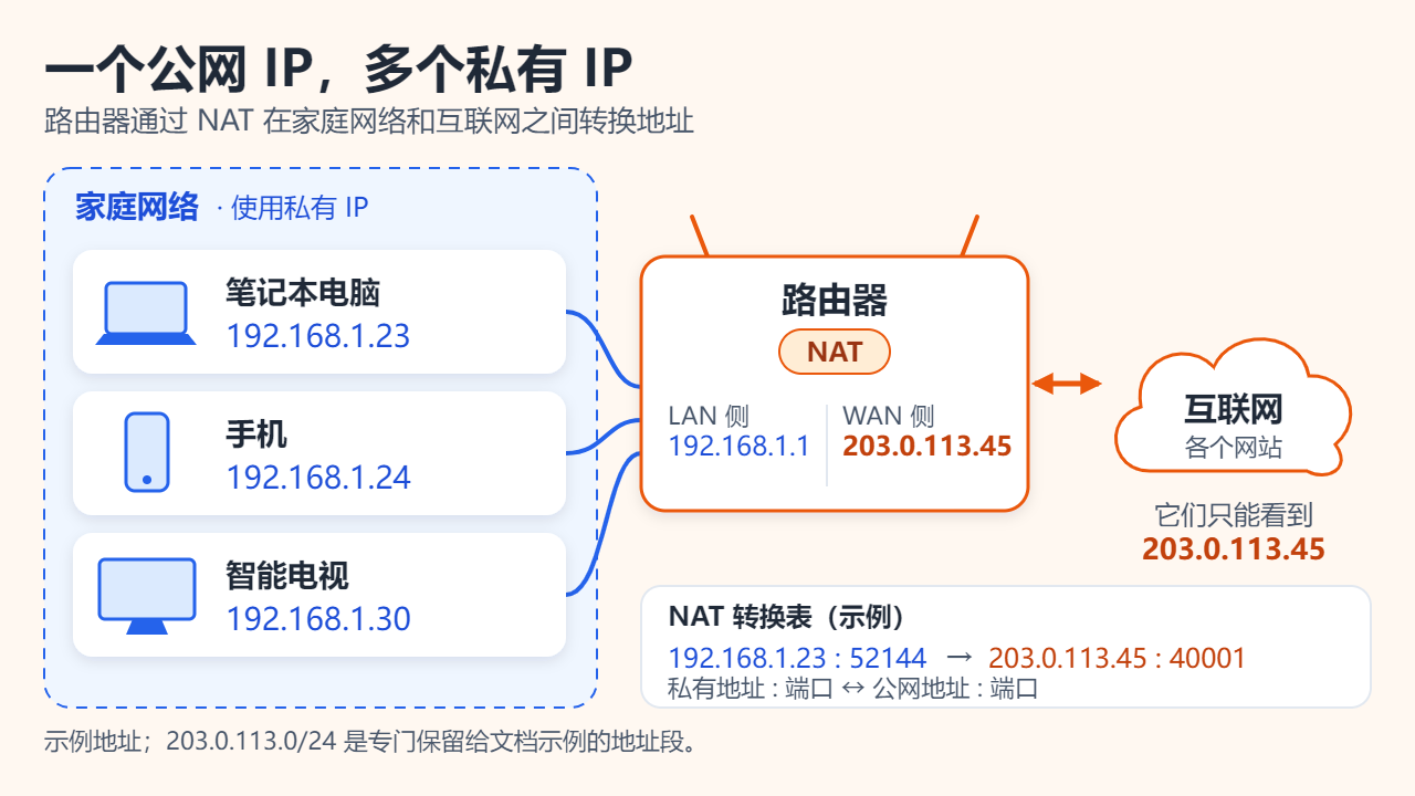 家庭网络示意图：笔记本电脑、手机和智能电视分别使用私有地址192.168.1.23、.24和.30，连接到负责NAT的路由器，路由器用一个公网地址203.0.113.45访问互联网，网站只能看到这个地址